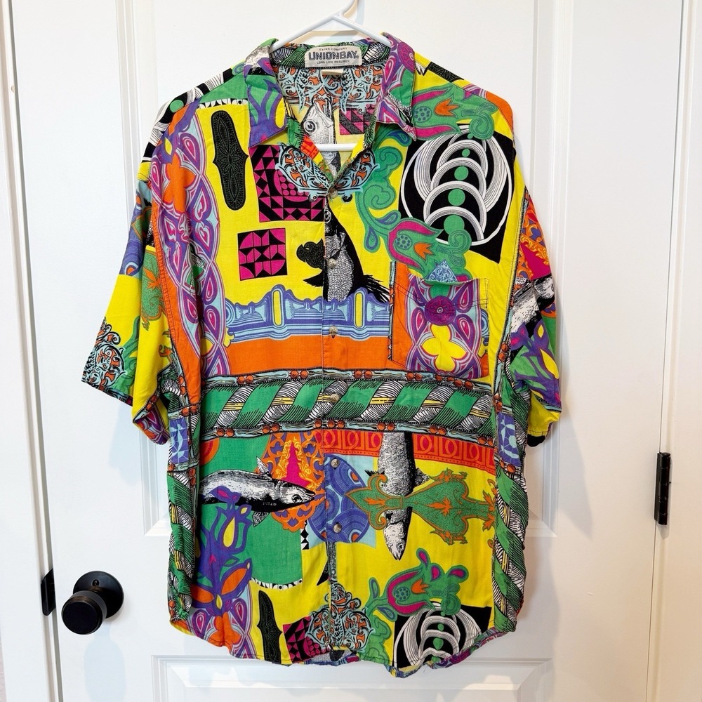 Vintage UnionBay Single Stitch Fish Graphic Button Up Large Funky Art Festival